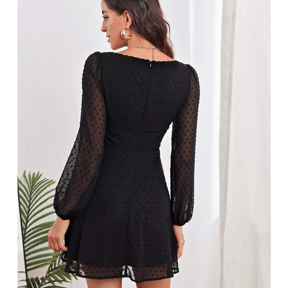 XS POLKA SWISS DOT MESH SQUARE NECK LANTERN BISHOP SLEEVE CHIFFON DRESS - Picture 2 of 5